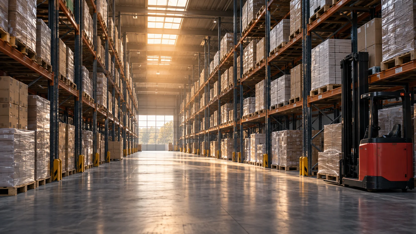 Warehouse aisles with stored cargo
